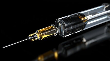 A glass syringe with a needle attached, filled with a clear liquid, against a black background.