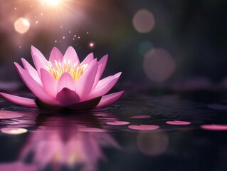 A beautiful purple lotus is suspended effortlessly on the tranquil water's surface