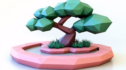 Low-poly bonsai tree on platform in modern style

