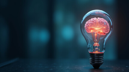 Futuristic light bulb with glowing human brain on dark background