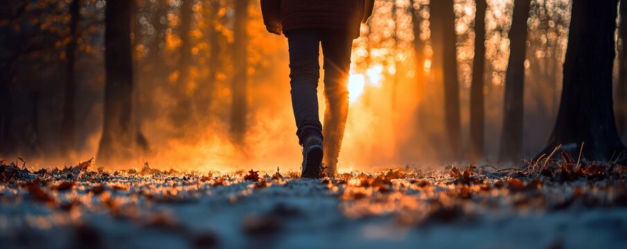 Misty autumn morning forest path with single figure walking, golden foliage, atmospheric moody cinematic scene, tranquil nature background copy space