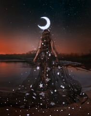 Fantasy woman queen of night lady moon, crown glows on head, black dress cape shining stars fairy...