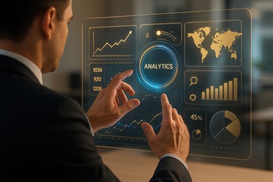 Data Analytics at Hand: A businessman meticulously reviews real-time data analytics on a sleek, modern touchscreen, examining charts and graphs that illuminate market trends.