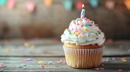 Colorful birthday cupcake with sprinkles and lit candle on rustic wooden table background, festive celebration dessert concept




