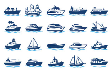 A collection of twenty stylized blue and white boat and ship icons, including sailboats, yachts, cargo ships, and fishing boats, on white background.