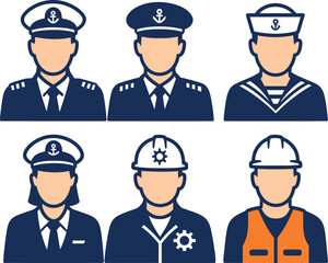 Vector illustration showing six different professions: three naval officers, a sailor, and two construction workers, all depicted as faceless figures in their respective uniforms.
