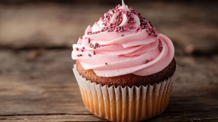 Colorful birthday cupcake with swirl frosting and candle on rustic wooden table




