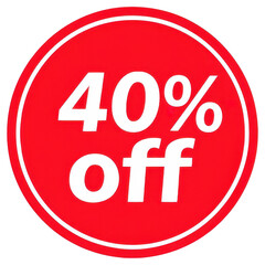 Red circular sticker indicating 40 percent off sale on products for promotional discounts