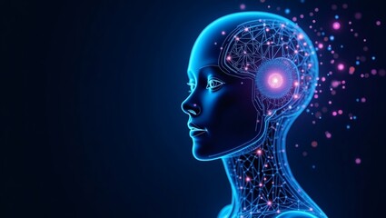 Obraz premium Futuristic Concept Illustration of Artificial Intelligence – Glowing Humanoid Robot Head with Digital Circuits and Neural Network Patterns, Blue and Purple Color Scheme, Sci-Fi Style with High-Tech Ba