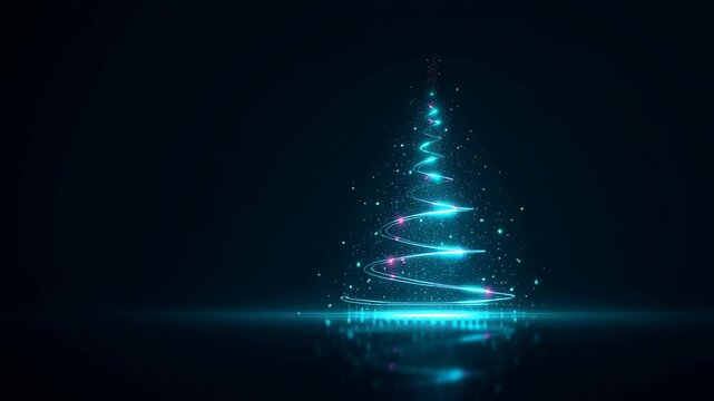 Abstract digital illustration of a glowing Christmas tree created with blue light trails and sparkling particles, set against a dark background, evoking a festive and magical atmosphere for holiday ce