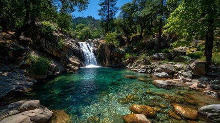 Fototapeta premium Serene Waterfall into Clear Pool in Lush Scenic Landscape 