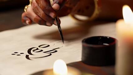 Close Up View of Hand with Intricate Gold Jewelry Writing with Black Ink on Paper Beside Burning Candles