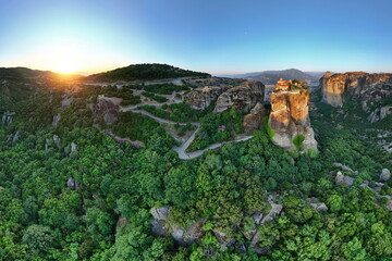 360 seamless panorama view of meteora with Holy Trinity Monastery at sunrise in 2:1 format