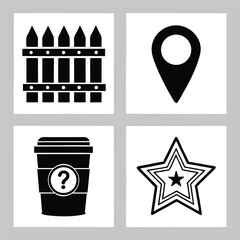Black vector icons of a picket fence location pin coffee cup and star white graphic