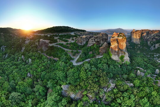 360 seamless panorama view of meteora with Holy Trinity Monastery at sunrise in 2:1 format