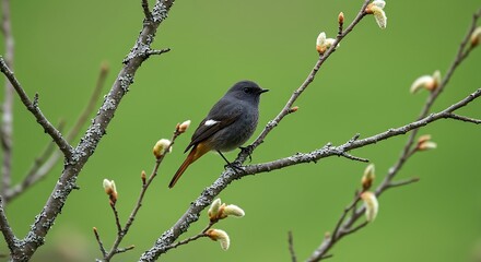 Obraz premium Black redstart bird perched on a lichen covered branch with new spring buds