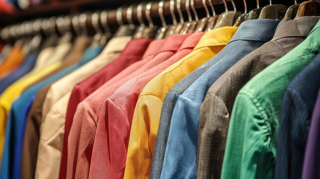 A colorful display of various shirts hanging on a rack in a store.