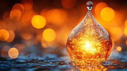 Glowing orange teardrop with fiery light and bokeh

