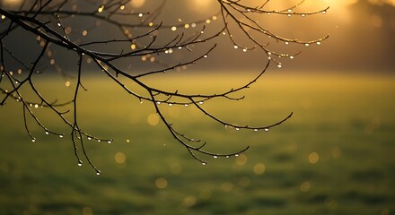 Dew drops on bare tree branches in golden hour sunlight with bokeh background
