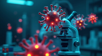 Glowing red viruses flying in the laboratory against the background of a microscope
