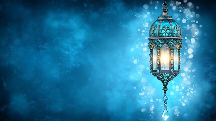 Decorative blue lantern on sparkling festive background

