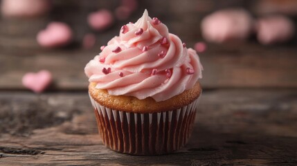 Colorful frosted birthday cupcake with candle on rustic wooden table, festive dessert for celebration or party theme




