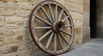 Obraz premium Rustic wooden wagon wheel leaning against a textured stone wall outdoors