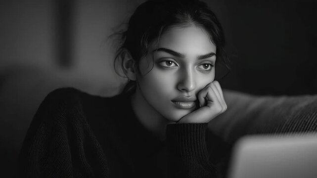 A woman with thoughtful gaze, hands on chin, focused on laptop screen, in a modern setting.