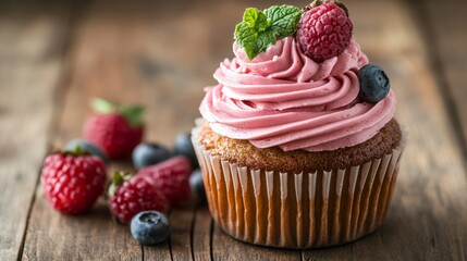 Colorful frosted birthday cupcake with candle on rustic wooden table, festive dessert for celebration or party theme





