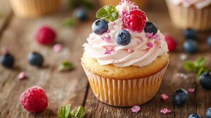 Colorful frosted birthday cupcake with candle on rustic wooden table, festive dessert for celebration or party theme




