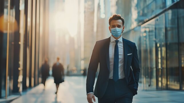 A businessman in a suit walking down a city street, wearing a face mask.