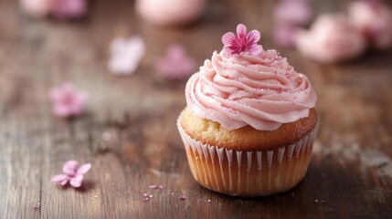 Colorful frosted birthday cupcake with candle on rustic wooden table, festive dessert for celebration or party theme





