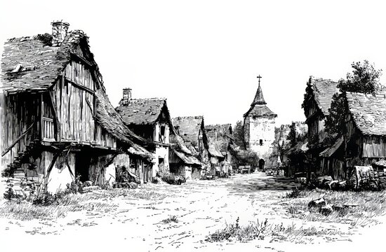 The Czech Republic's Unter Lohma is showcased in a vintage etching style illustration from 1848, published in Magasin Pittoresque, Paris, featuring an ancient medieval sad little country town,