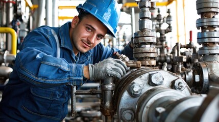 A young man in a blue hard hat and blue overalls, working on a piece of industrial machinery in a factory setting.