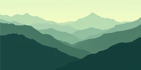 Mountain landscape with misty hills foggy sky and nature scenery at sunrise or sunset