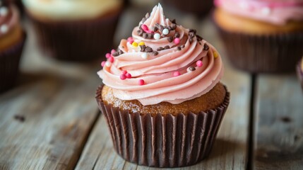 Colorful frosted birthday cupcake with candle on rustic wooden table, festive dessert for celebration or party theme




