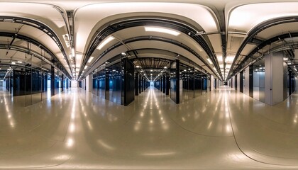 Expansive 360-degree panorama inside a modern data center with reflective floors and long rows of server racks.