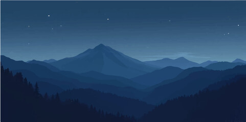 Peaceful blue mountain silhouette under dark starry night sky minimalist illustration