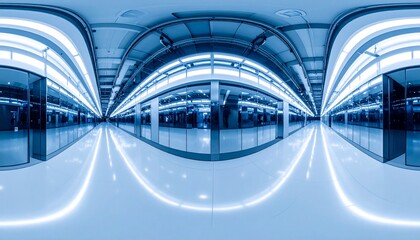 Equirectangular panorama of a futuristic empty corridor illuminated by long rows of cool blue lights.