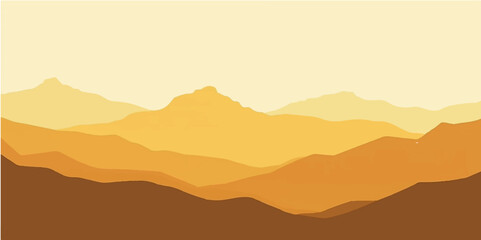 Vector illustration of mountain landscape with sunrise sky and misty hills silhouette