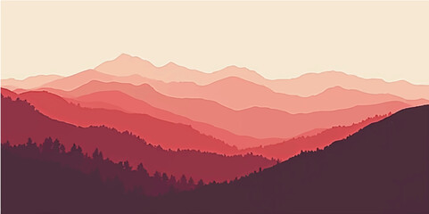 Sunset over misty mountain landscape with glowing sky and forested hills vector illustration © Designer Hunt