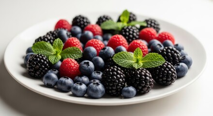 A white plate overflowing with a colorful assortment of fresh berries and mint leaves.
