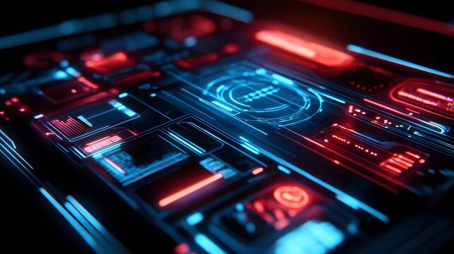 Futuristic Interface in Cyberpunk Style: A vibrant, close-up view of a high-tech, sci-fi control panel featuring glowing neon lights, intricate digital readouts, and a sense of advanced technology.