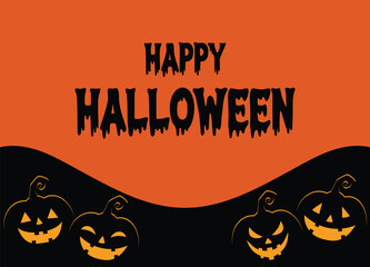Happy Halloween with Pumpkin Silhouette on Orange Background, Haunted Jack o Lantern, Banner, Empty Space for Text, Flat Design Spooky Festival illustration, Funny Pumpkin with Face Card