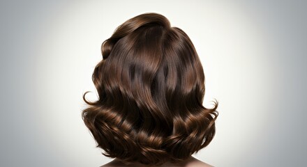 Fototapeta premium Beautiful brown wavy hairstyle with voluminous curls and glossy texture, showcasing healthy, shiny hair, perfect for beauty and fashion concepts.
