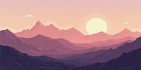 Fototapeta premium Sunrise and sunset over misty mountain landscape with glowing sky and peaceful hills view