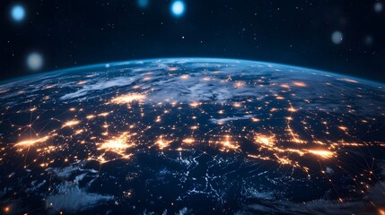 Night Earth from Space: A stunning image of Earth at night from space, showcasing a vibrant tapestry of city lights illuminating continents. Capturing the beauty and the connection of our world.