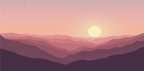 Fototapeta premium Golden Hour Sunset on Mountain Ridges with Vibrant Pink-Purple Glow and Silhouettes