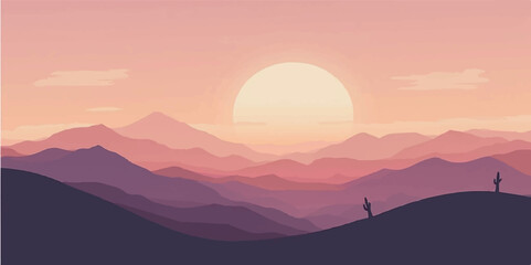 Dusk Mountain Sunset with Radiant Warm Sky and Layered Silhouette Peaks