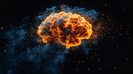 Fiery orange brain surrounded by dark blue smoke and sparks

